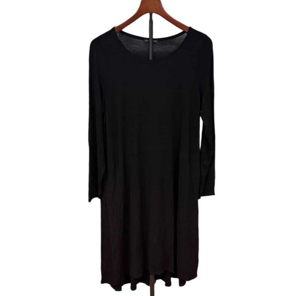 Eileen Fisher Dark Academia Black Long Sleeve Pockets Jersey Knit A-Line Dress L